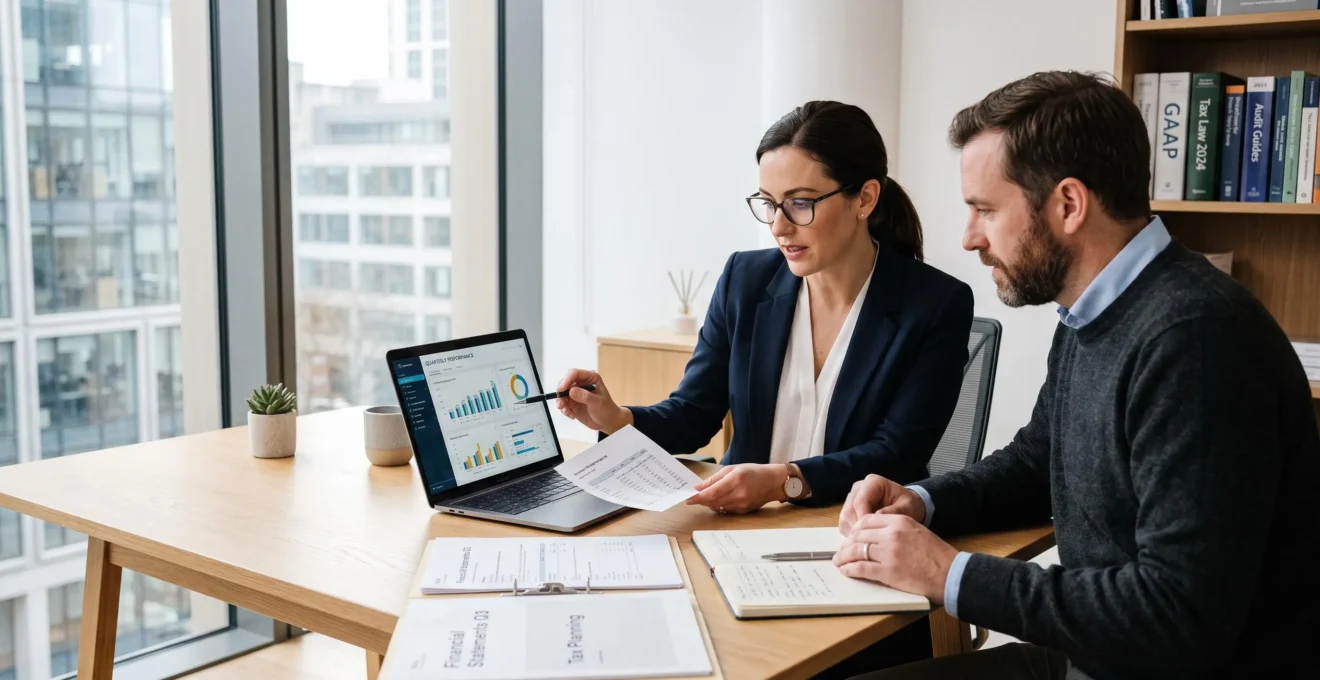Expert-comptable et dirigeant d'entreprise analysant des documents financiers dans un bureau moderne