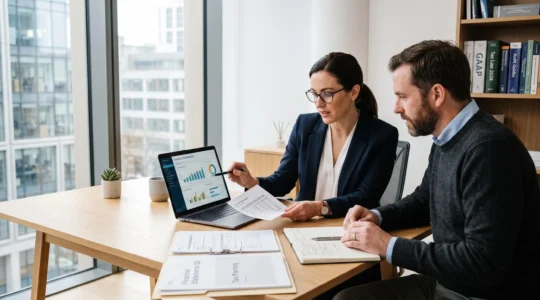 Expert-comptable et dirigeant d'entreprise analysant des documents financiers dans un bureau moderne